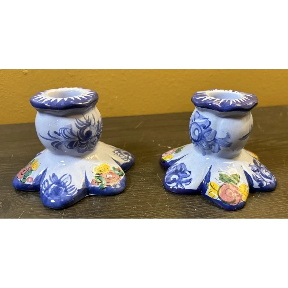 Candle Holder Chamberstick Vestal Alcobaca Portugal Handpainted Numbered Set (2)